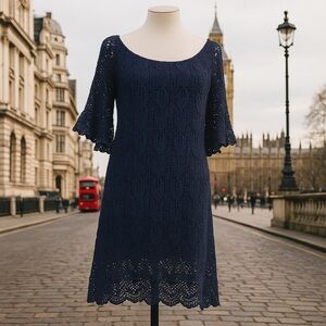 Betsey Johnson Navy Crochet  Dress Size L Boho Cottagecore Romantic Fairy Y2K